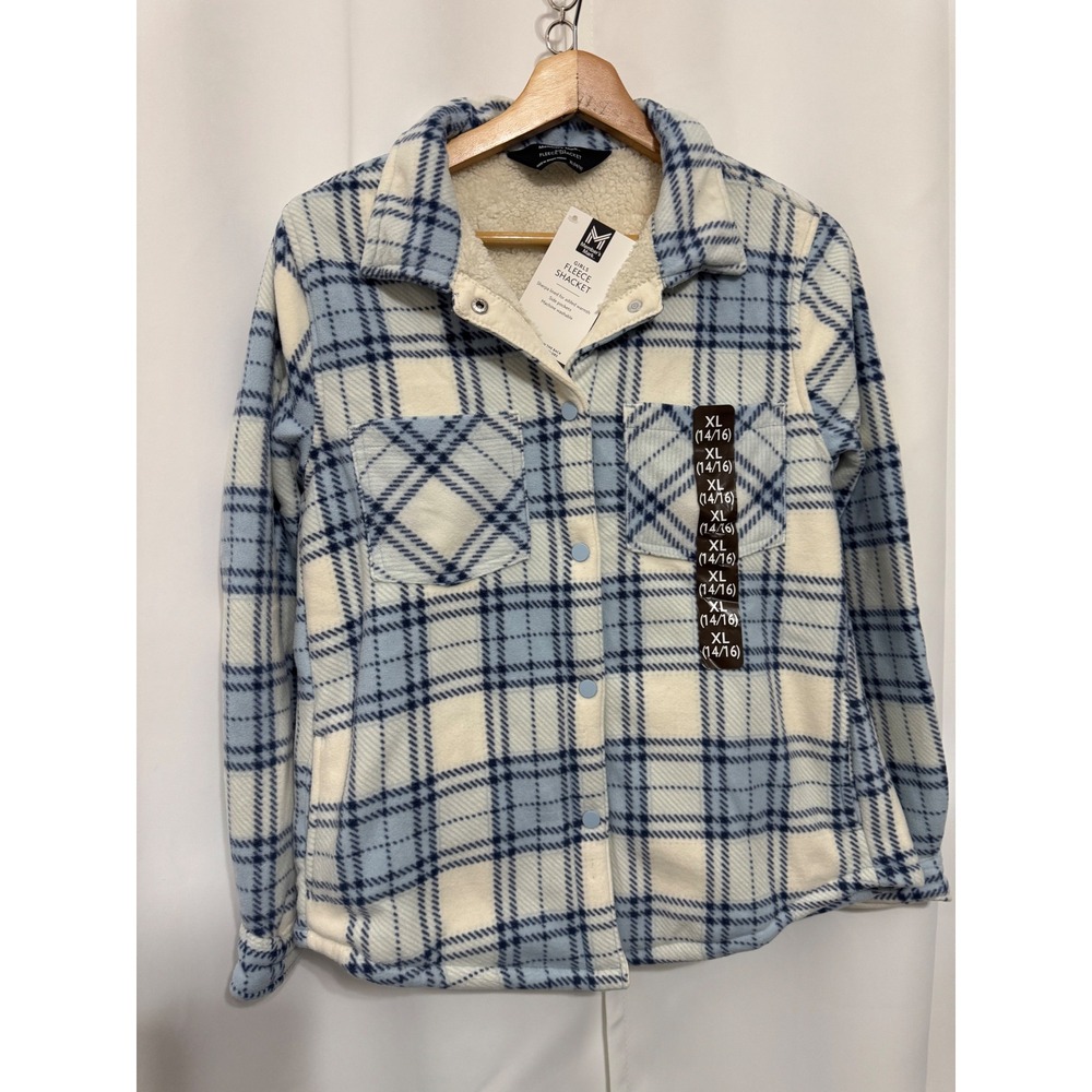Members‎ Mark Girls Fleece Shacket Blue Plaid Sherpa Lined Jacket XL 14/16 NWT